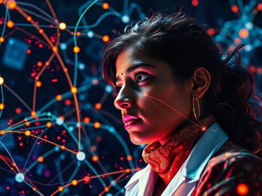 Woman surrounded by glowing neural network visualization.