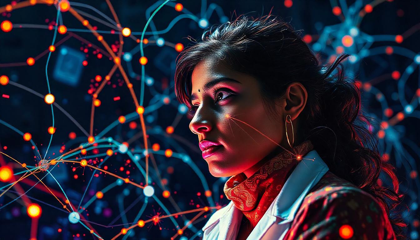 Woman surrounded by glowing neural network visualization.