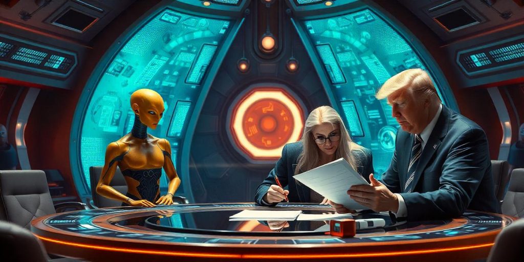 Donald Trump looking over the charter for the Galactic Federation.