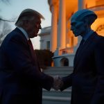 Donald Trump and alien shaking hands at night.