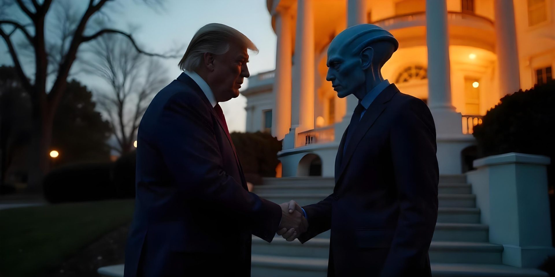 Donald Trump and alien shaking hands at night.