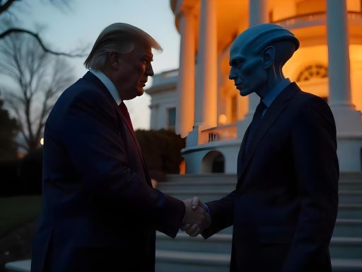 Donald Trump and alien shaking hands at night.