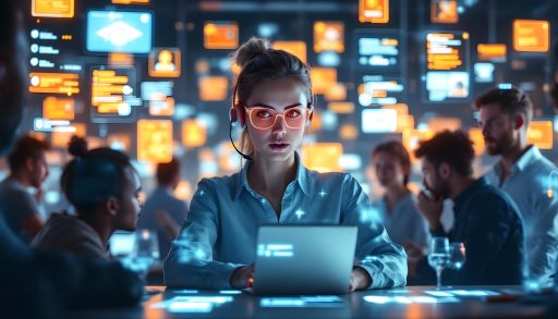 Woman in tech workspace with laptop and headset.