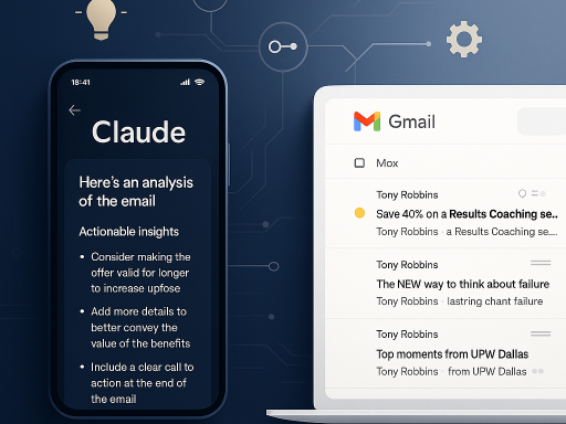 Mobile app analyzing email insights with actionable suggestions.